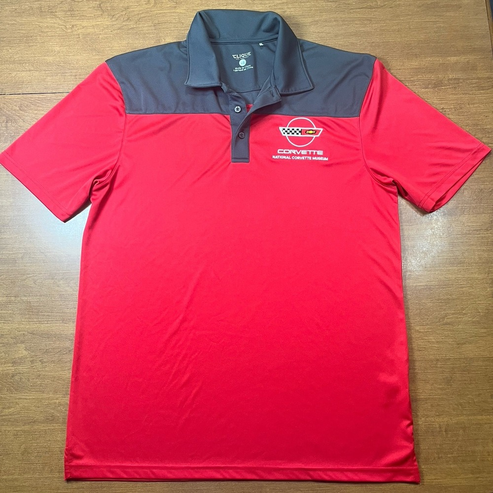 Clique‎ Corvette National Corvette Museum Polo Men L Red & Gray Chevy Bow Tie